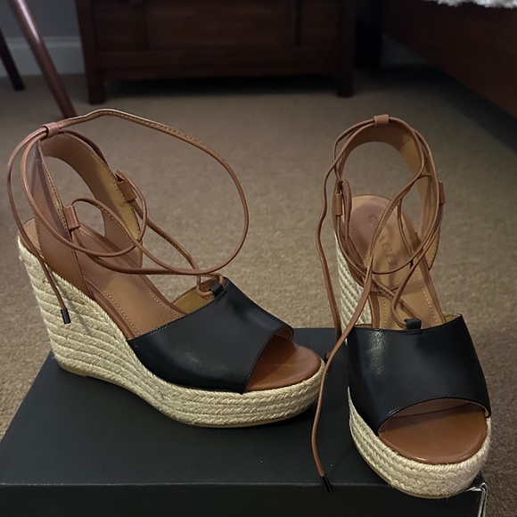 Coach Shoes - Coach Black and Tan Leather Wedge Sandals